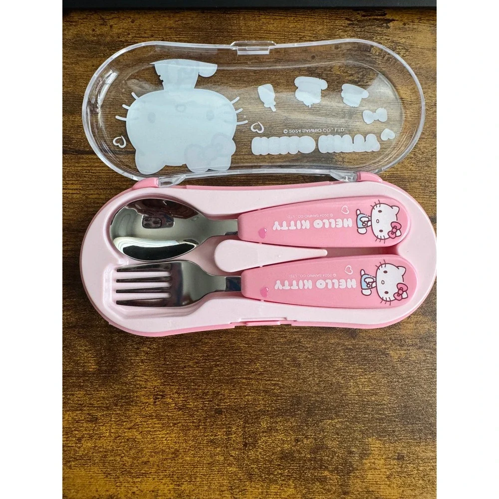 Sanrio Hello Kitty Kids Utensil Set Pink Travel Case Stainless Steel Fork Spoon